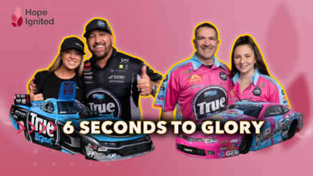 Photo of Camrie and Marc Caruso, Buddy Hull, and Johnna Dunn posing in front of True Brand race cars with title "6 Seconds to Glory" written across the screen.