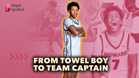 Howard basketball player, Blake Howard, is picture posing behind the words, "From Towel Boy to Team Captain"