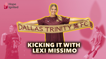 Soccer star, Lexi Missimo is pictured holding a banner that says "Dallas Trinity FC" in front of a pink back ground. The episode title, "Kicking it with Lexi Missimo", is on the image.